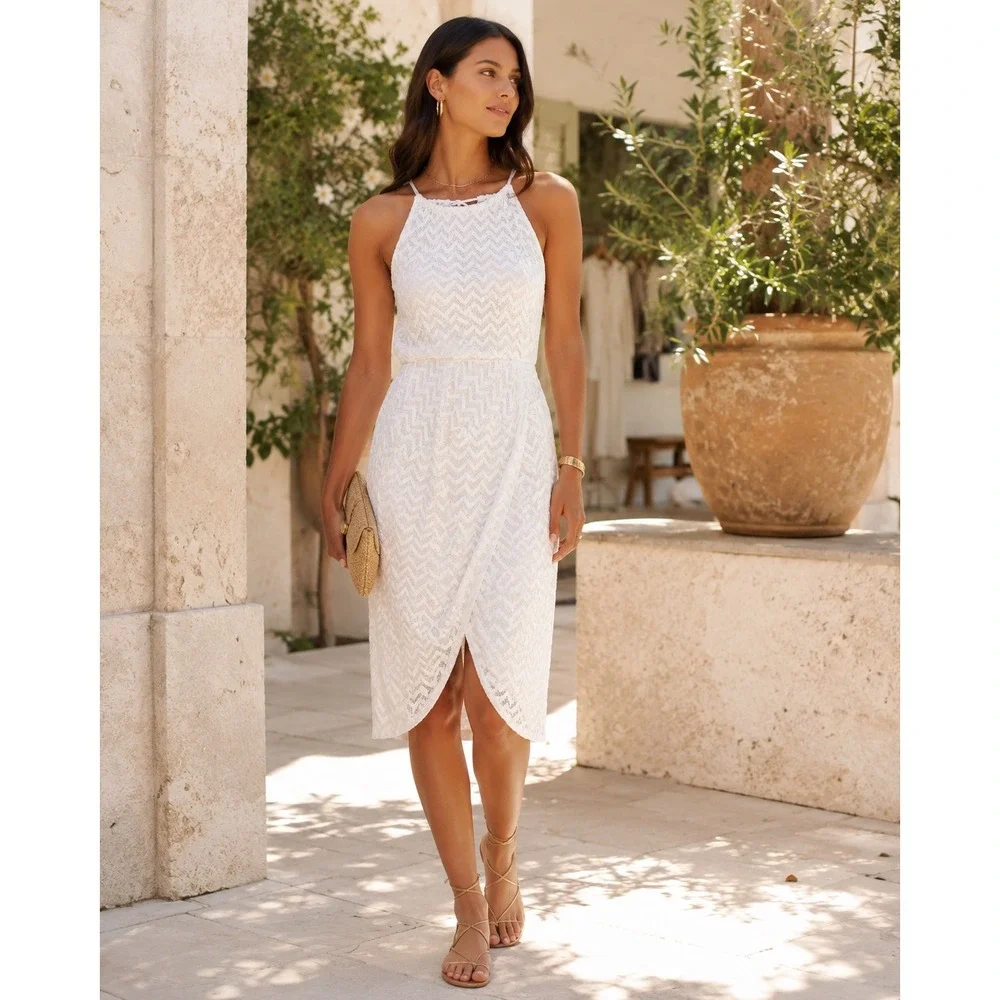 Madden NYC Lace Dress Women Small White Excellent Chevron Halter Wrap Skirt